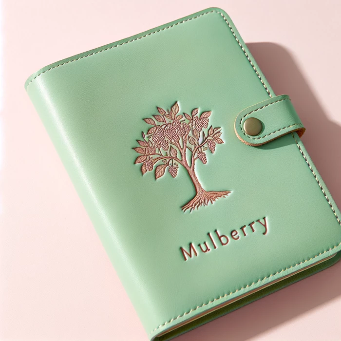  A leather binder book, in pastel green colour, which has MULBERRY written on it and a small Mulberry tree icon emoji on top of the writing