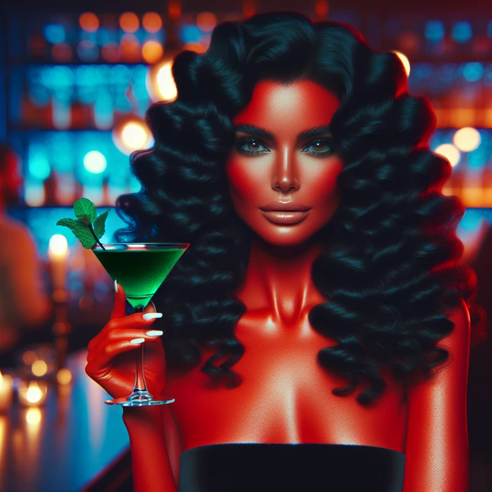  A thin woman with pure red skin and coal black wavy long hair in a bar with a mint martini in her left hand