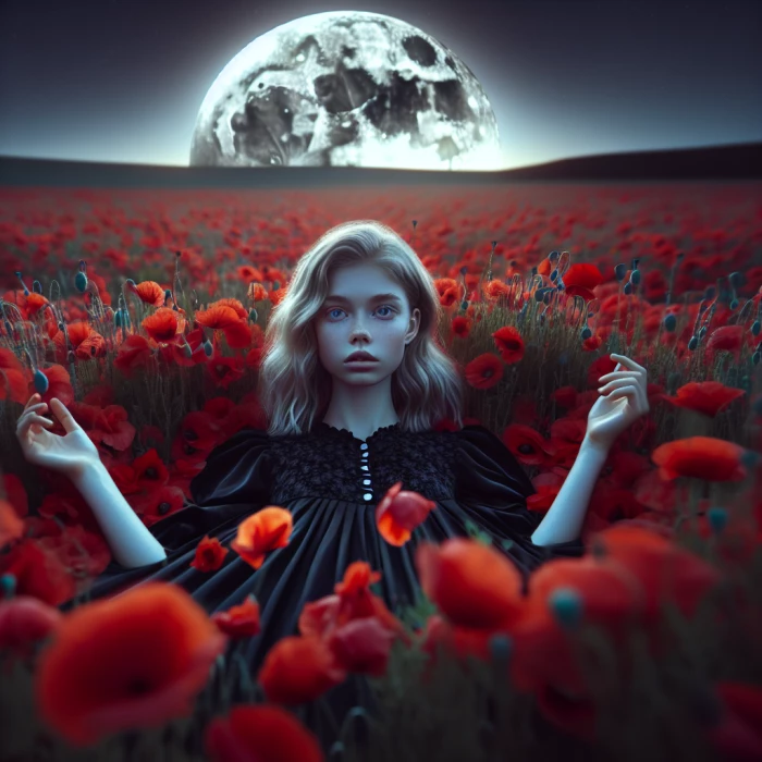 A girl with blonde hair and blue eyes in a black dress drowning in a field on poppy’s with the moon behind her 