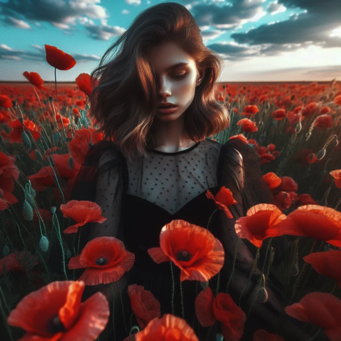 A girl with dark blonde hair in a black dress drowning in a field on poppy’s 