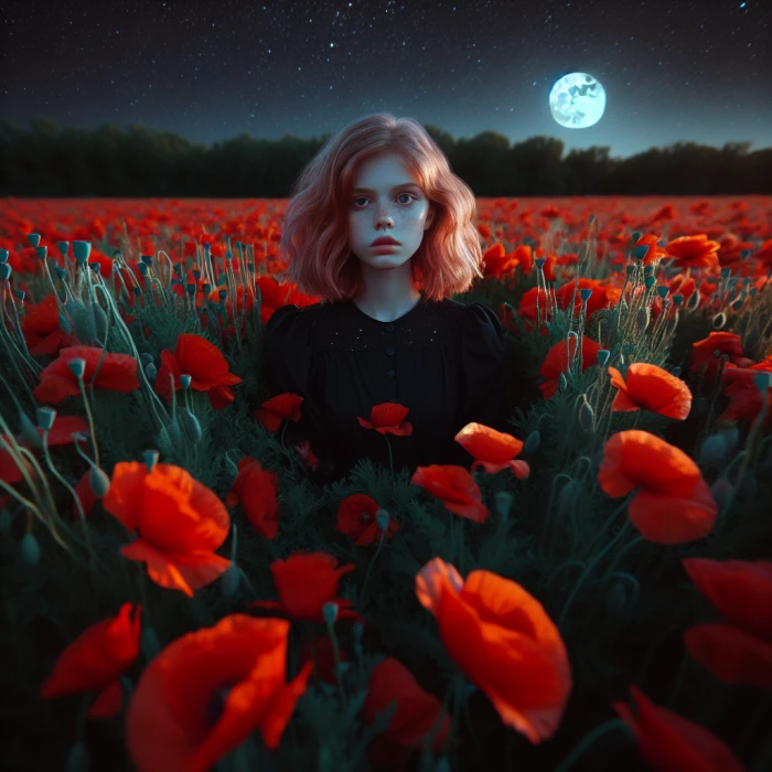 A girl with strawberry blonde hair in a black dress drowning in a field of poppy’s with the moon behind her 