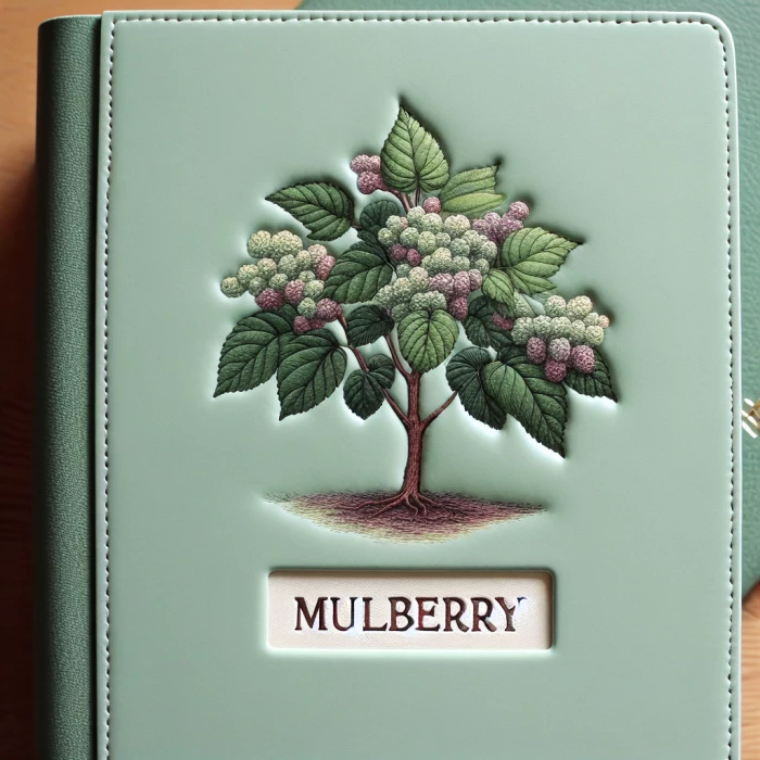 A leather binder book, in pastel green colour, which has MULBERRY written on it and a small Mulberry tree logo on top of the writing