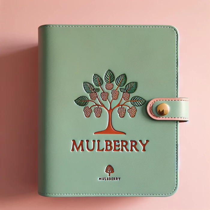 A leather binder book, in pastel green colour, which has MULBERRY written on it and the Mulberry tree logo