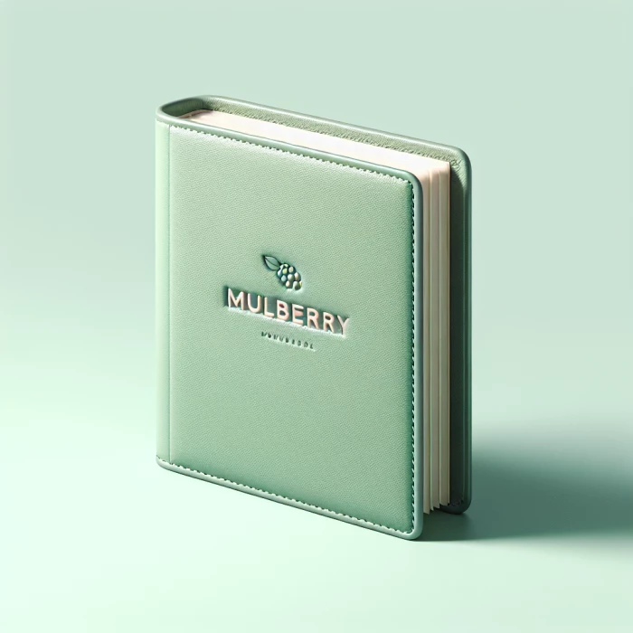 A leather binder book, in pastel green colour, which has MULBERRY written on it