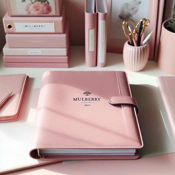 A Leather binder planner, in pastel pink colour, Which has MULBERRY written on it, kept on a neat aesthetic desk