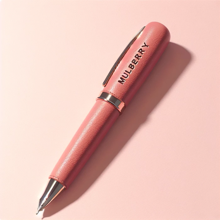 A leather pen aesthetic with MULBERRY written on it, pastel pink