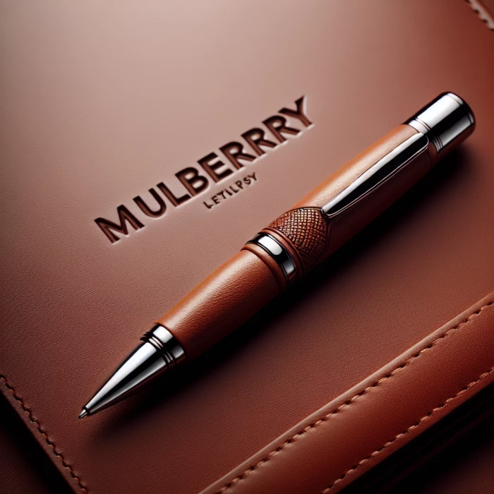 A leather pen aesthetic with MULBERRY written on it