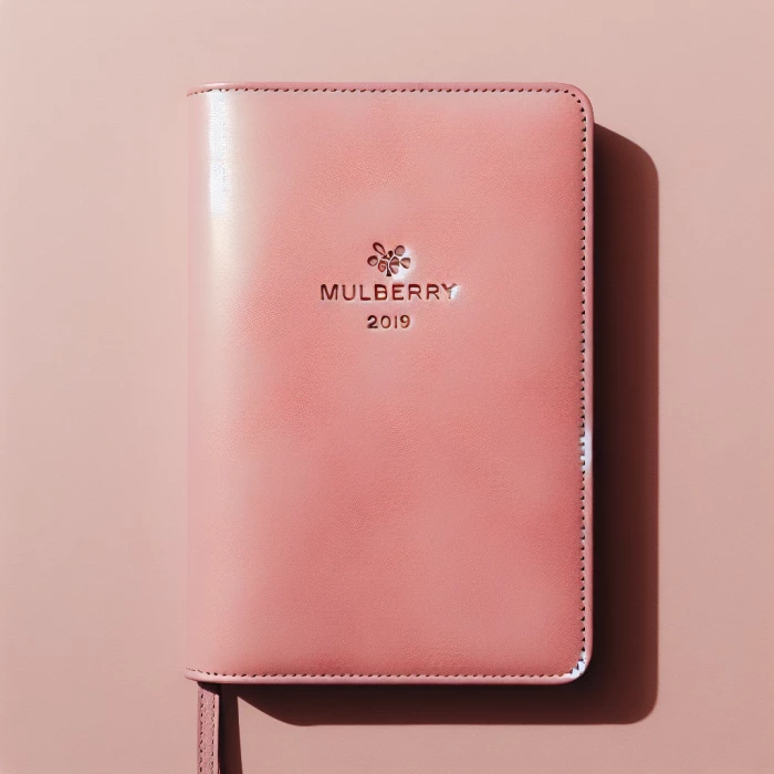 A Leather yearly planner, in pastel pink colour, Which has MULBERRY written on it aesthetic