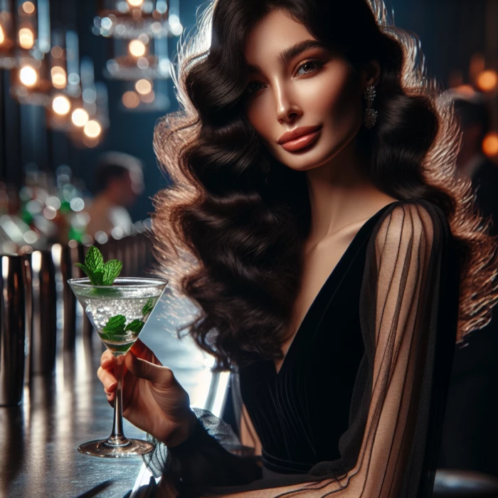 A thin woman with light red skin and coal black wavy long hair in a bar with a mint martini in her left hand