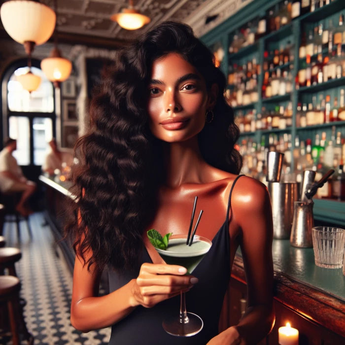 A thin woman with red skin and coal black wavy long hair in a bar with a mint martini in her left hand