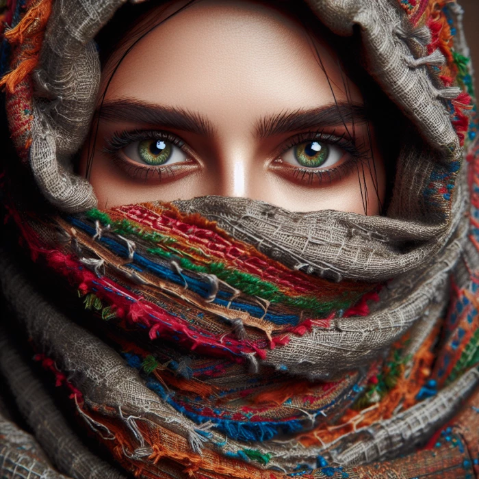 A woman's face completely covered with a scarf