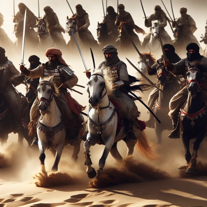 battlefield in a desert muslims fighting with swords and riding horses