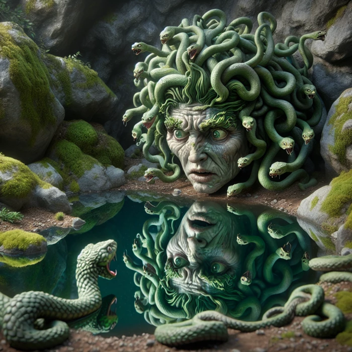 Gorgon Medusa's reflection in a Pond
