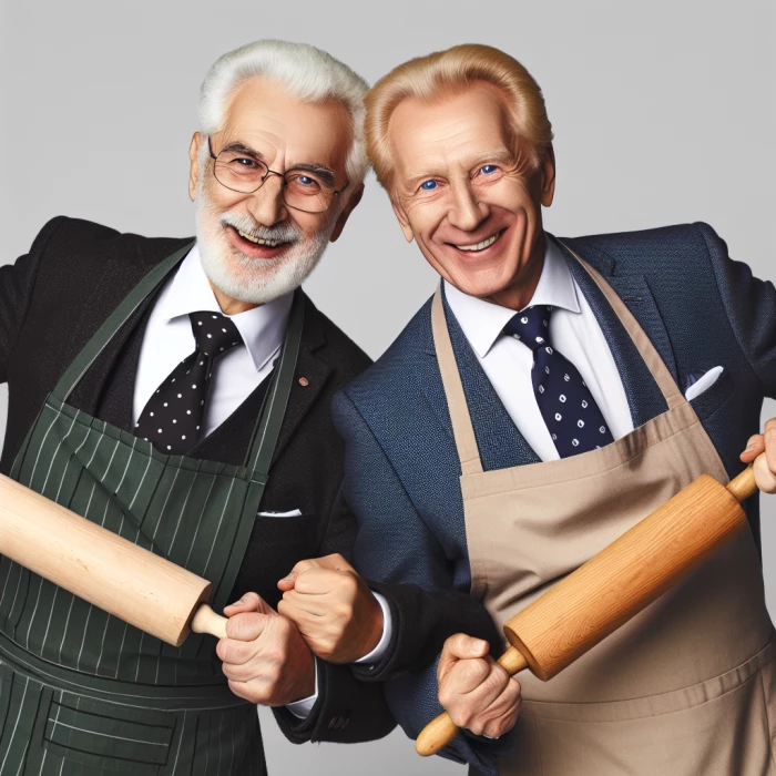 Joe Biden and Donald Trump holding rolling pins and wearing aprons