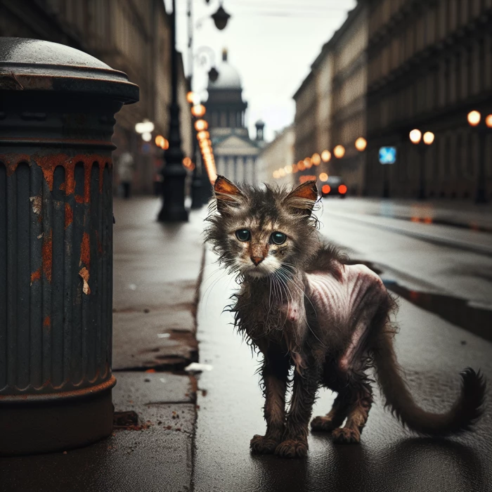 Poor cat walking on street