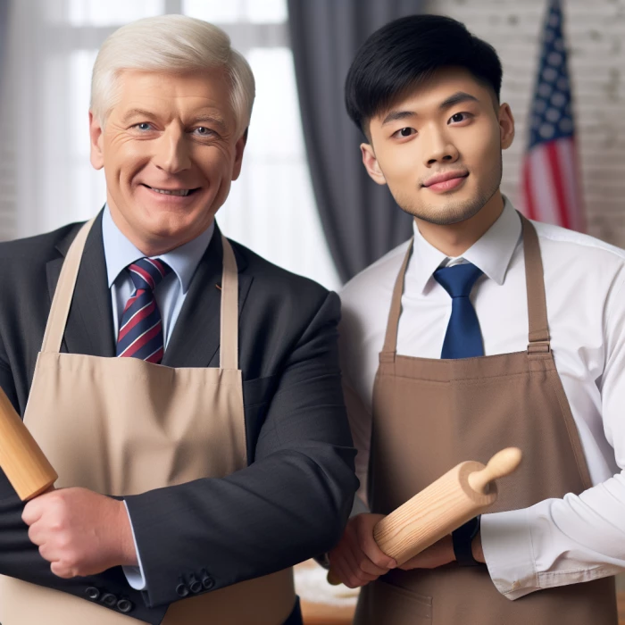 Rishi Sunak and Keir Starmer wearing aprons and holding rolling pins