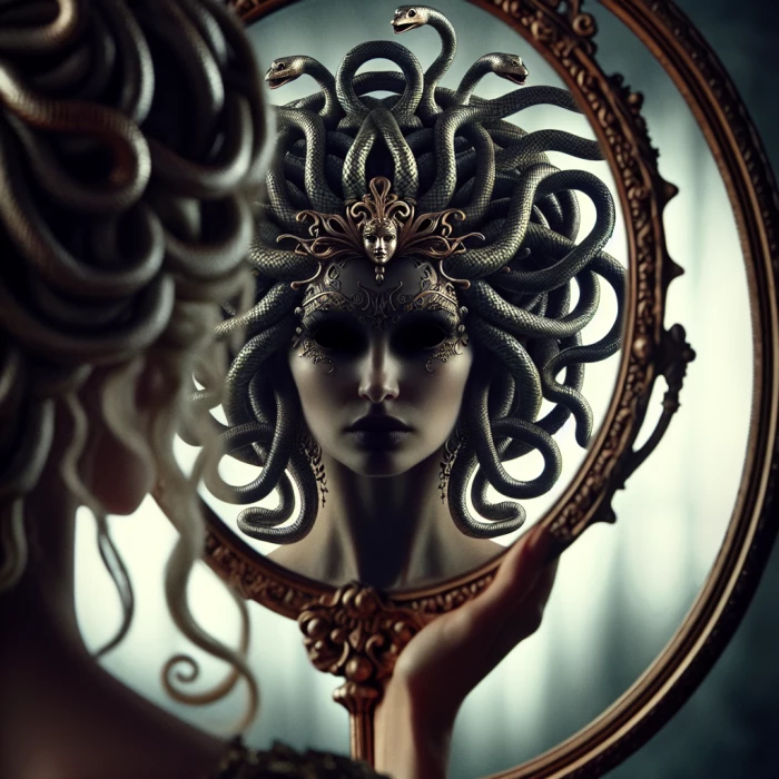 The reflection of Medusa in a Mirror. She looks far.
