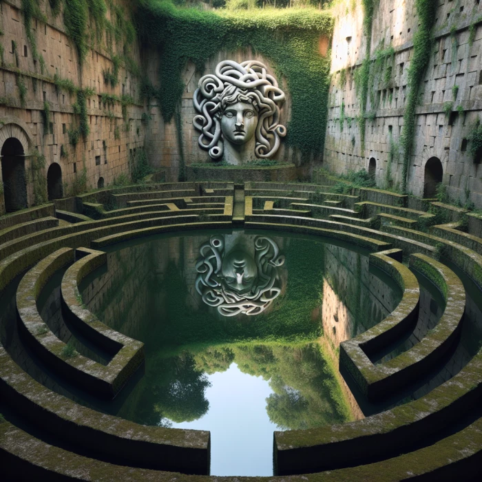 The reflection of Medusa in a pond , inside the Labyrinth, she looks far

