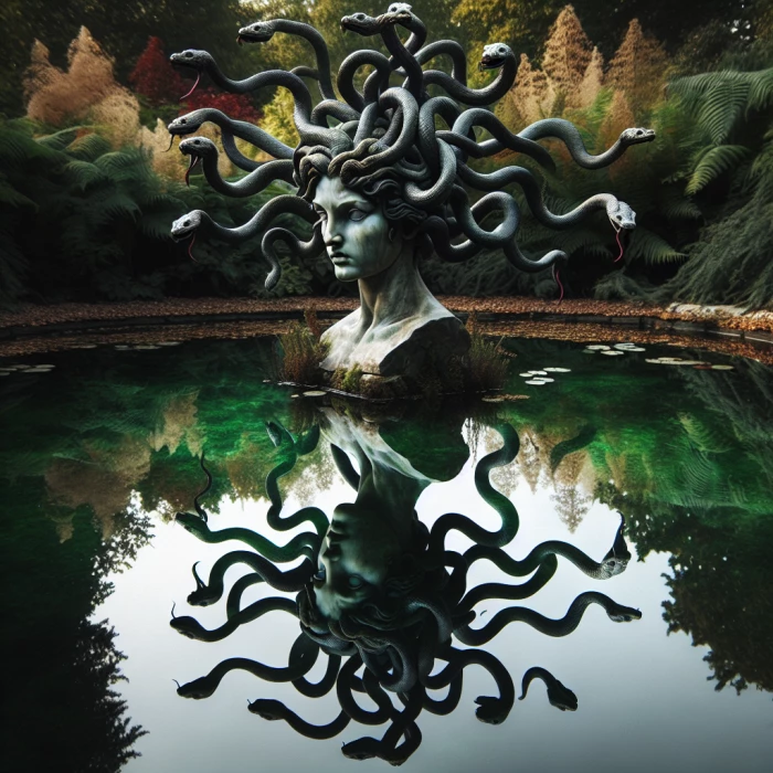 The reflection of Medusa in a Pond. She looks far 
