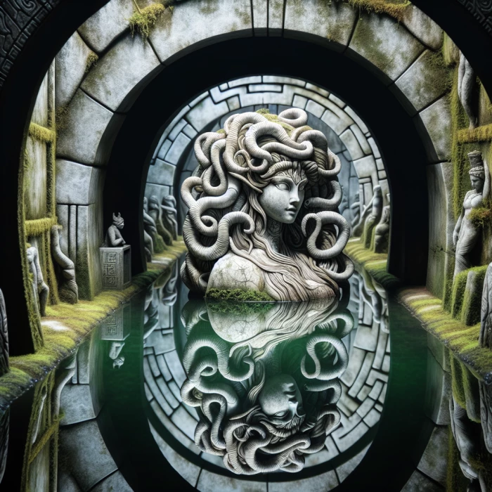 The reflection of Medusa with her full body  in a pond, inside the Labyrinth, she looks far
