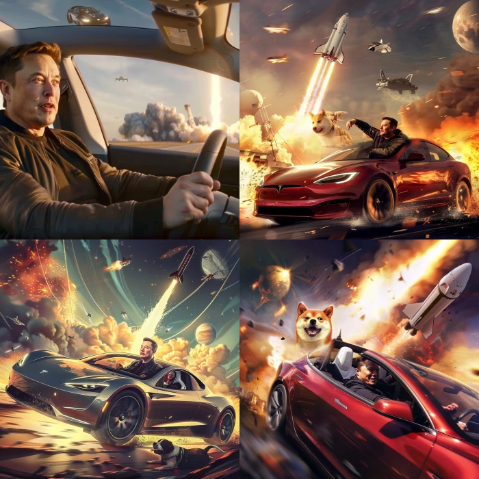 Elon musk driving a tesla around space x surrounded by doge coin and starship is being launched on the background, realistic, happy face