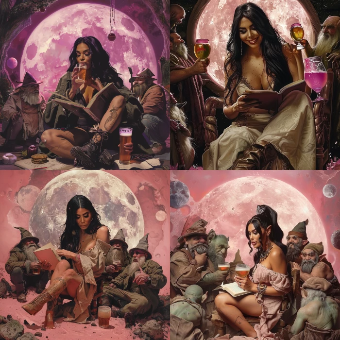 kim kardashian writing a novel on a pink moon surrounded by dwarfs and hoblins drinking beer and laughing 