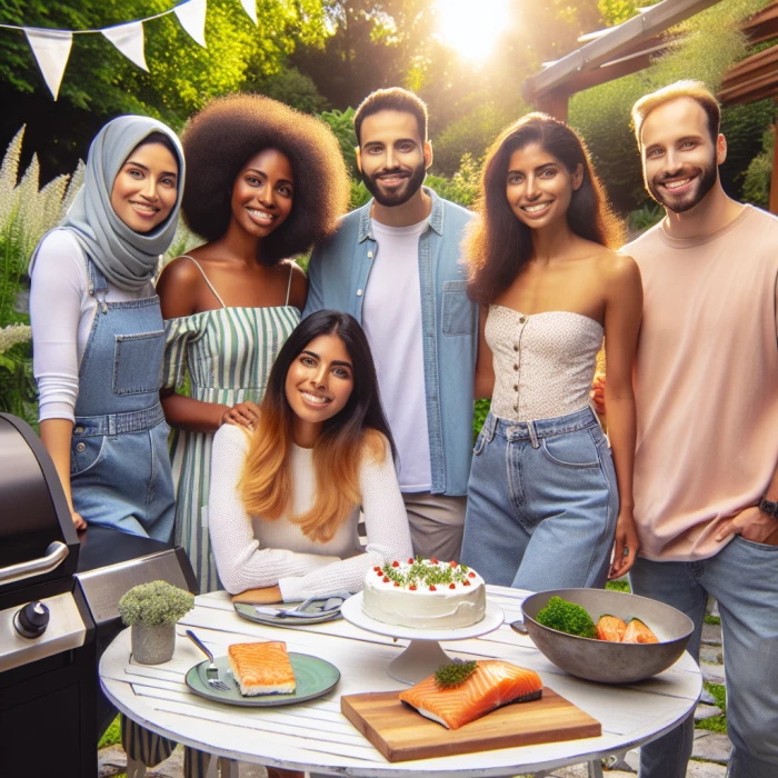 5 friends (4 females, 1 male) gather in a barbecue pit, next to cheesecake and salmon on the white dining table. background : nice green garden and sunshine 