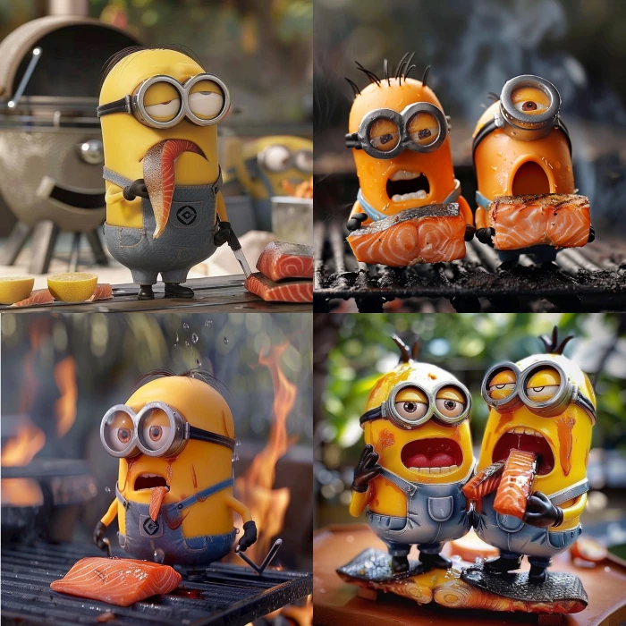 5 minions cried because food (salmon, barbecue, salmon) is too good 