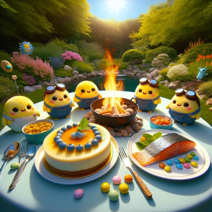 5 minions gather next to fire pit, next to new york cheesecake and salmon on the white dining table. background : nice green garden, candy everywhere and sunshine