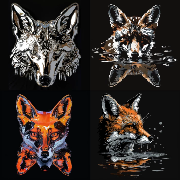 chrome pop-art fox head looking straight ahead and melting into a puddle on a black background