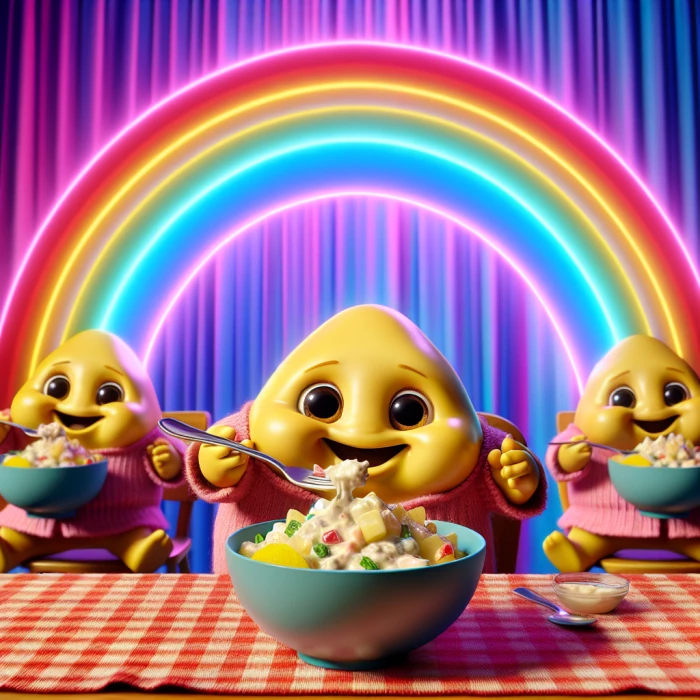 cute minions with pink dress eat potato salad on a dining table, with rainbow background 