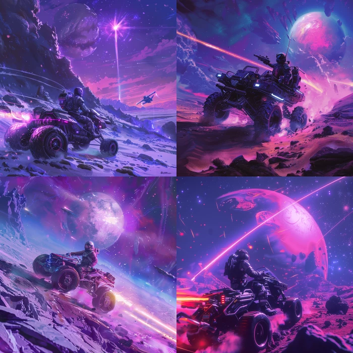 cyberpunk style riding a rover on a faraway planet with a purple star in the background, full of action and cyberpunk style objects