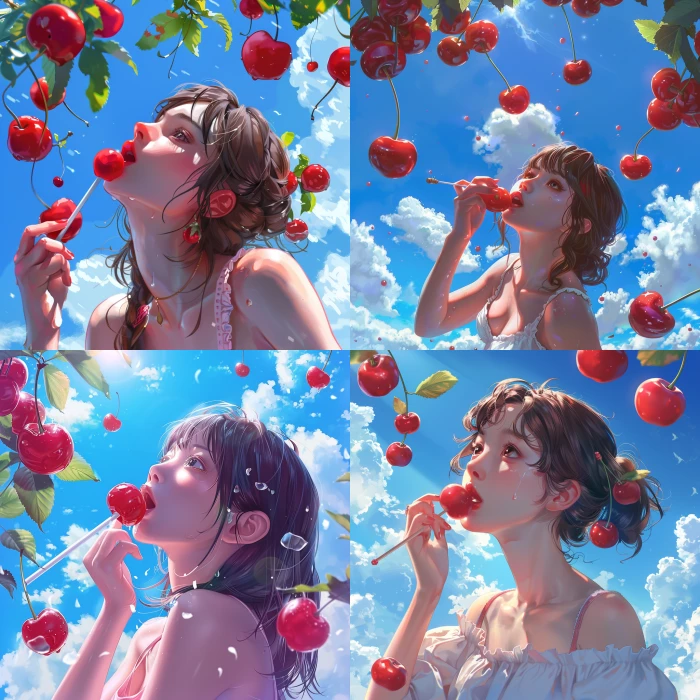 fluffy blue sky with cute cherries around, a beautiful girl licking a lollipop, high quality, realistic