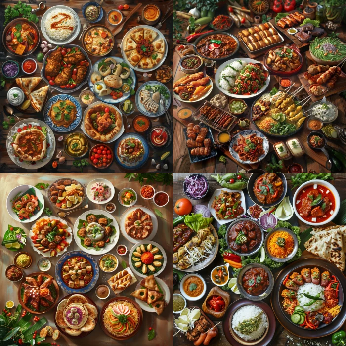 fusion of malaysian food, hungarian food, turkey food, maldivian food, syria food and brazilian food in one picture. (realistic version) 