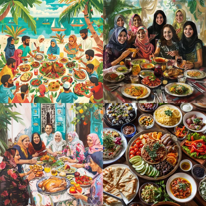 Maldivian, Syrian, Hungarian, Malaysia, Brazil, Turkey cultures merge today as the strongest nation. The friendships from this bond introduce new opportunities to new food. (Bright and cheerful style) 