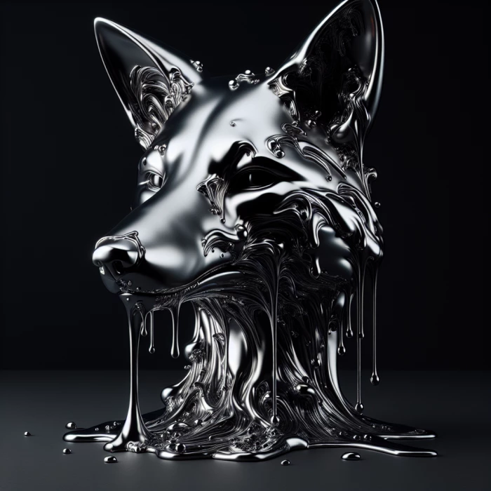 Melting chrome statue of a fox head on a black background