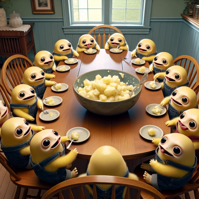 minions eat potato salad on a dining table 