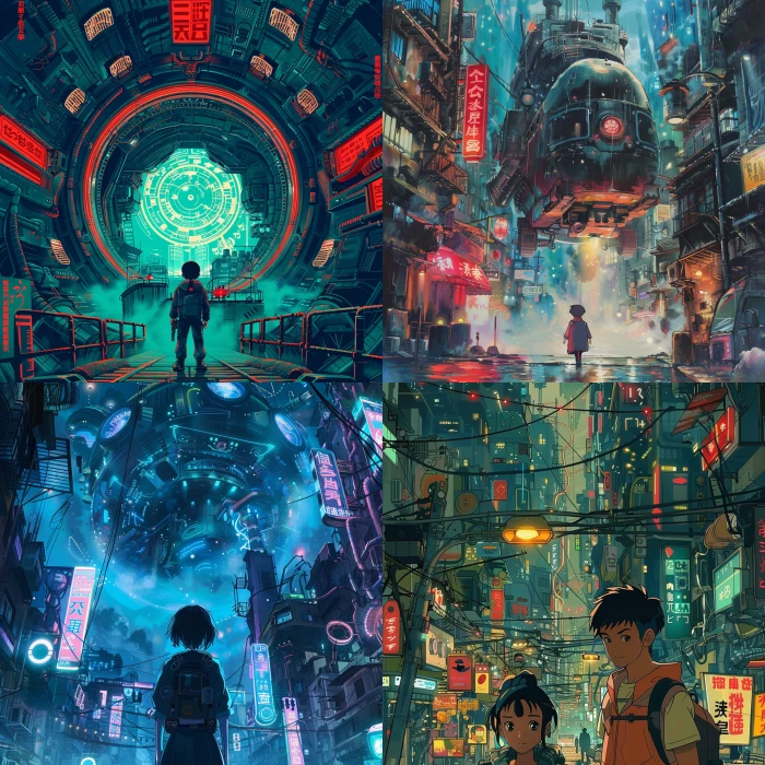 Movie poster if studio ghibli made a cyberpunk movie about time travel 