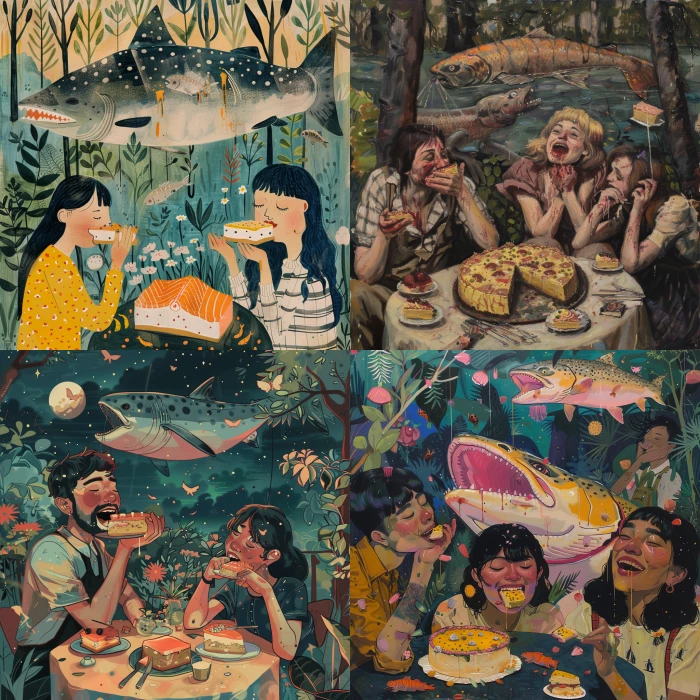 People eating cheesecake with their face all covered in cake, happy and smiling in a garden, there is a big salmon in the background and someone sleeping in the corner under a three