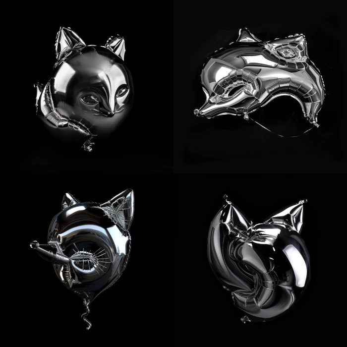 Silver chrome balloon fox half-melted, black background, grayscale 