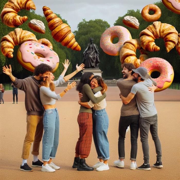 5 friends are saying goodbue to two sirian girls that are leaving London, everyone is happy and hugging each other, in hyde park london, a rain of croissants and donuts is on the background, 