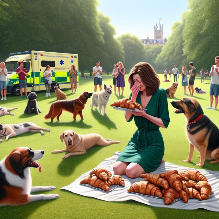 a farewell party at london park. A lady (with brown hair and green dress) cried because her friends gave her croissants as gifts. Lots of dogs laying on the grass, an ambulance siren at the back. (realistic version)