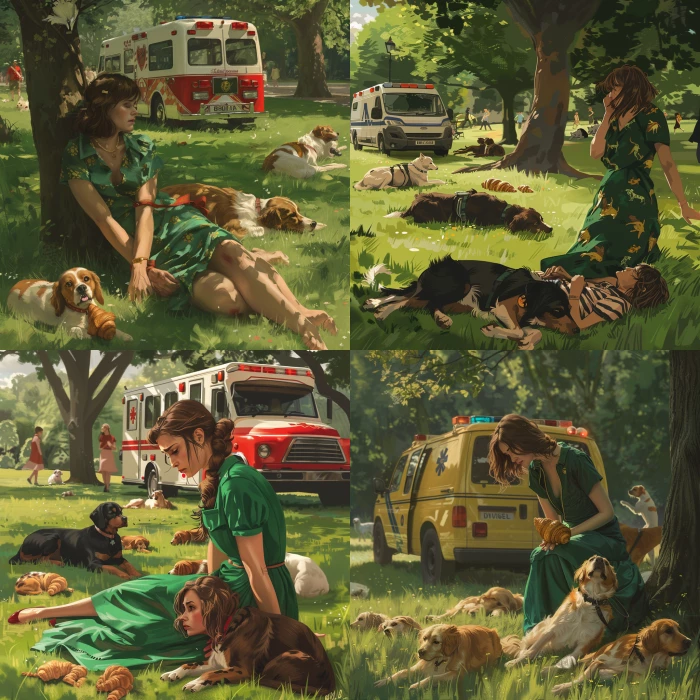 a farewell party at london park. A lady (with brown hair and green dress) cried because her friends gave her croissants as gifts. Lots of dogs laying on the grass, an ambulance siren at the back. (realistic version)