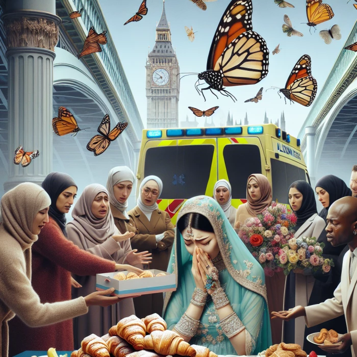 a farewell party in a london, the lady cried because her friends gave her so many almond croissants as farewell gift. there are many butterfly flying around, and the siren of ambulance is loud. (realistic version) 