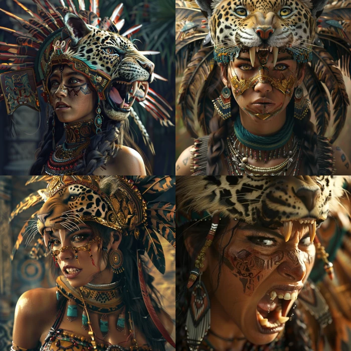 beautiful Aztec woman wearing jaguar head as a headpiece with teeth showing vicious looking 8K resolution realistic 