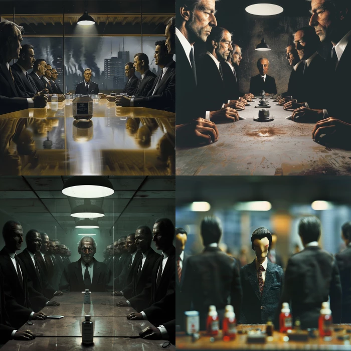 Hyper-realistic image of an office. People dressed in suits and ties are seen conspiring in business scams. Their faces are not visible, only the upper halves of their bodies are shown, focusing on the atmosphere of intrigue and secrecy. The focus of the image is centered on a table where a product for reducing bad odors is displayed