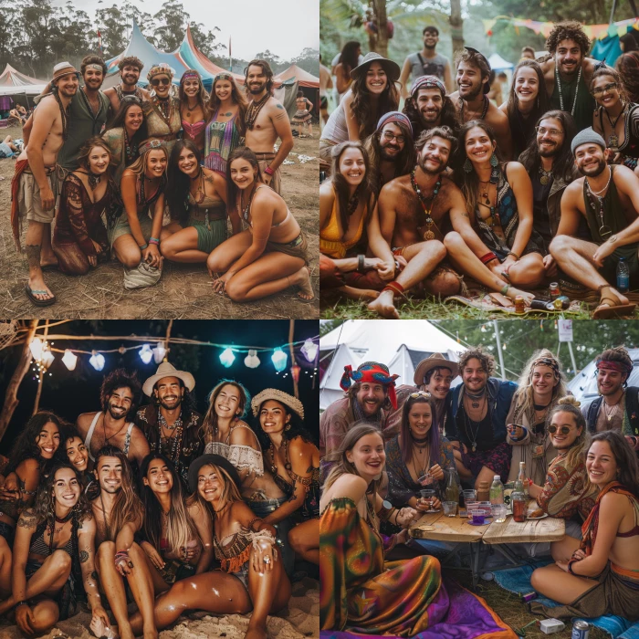 Group of 12 people who travelled from all around the world, on a chill festival loving each other 