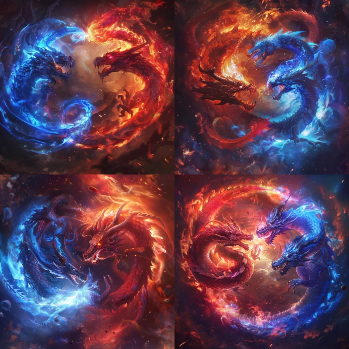 Invoked from DotA 2 throwing with force two asian dragons that go around each other, dragons are red and blue, surrounded by flames and power