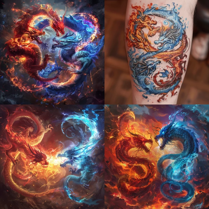 invoker from DotA 2 throwing with force two asian dragons that go around each other, dragons are red and blue, surrounded by flames and power, tatto