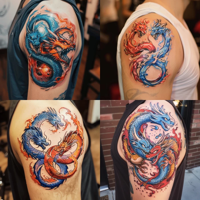 invoker from DotA 2 throwing with force two asian dragons that go around each other, dragons are red and blue, surrounded by flames and power. Now take this idea and put it as a tattoo on a mans shoulder and arm